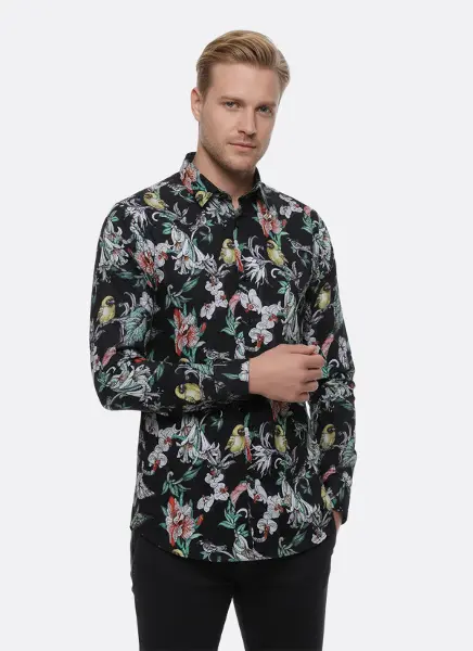 Çiçek Kuş Desenli Slim Fit Uzun Kollu Siyah Erkek Gömlek - Wessi