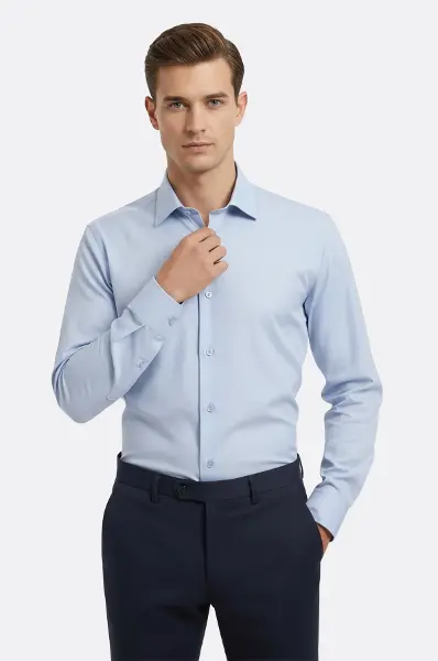 Buz Mavi Düz Uzun Kol Regular Fit Gömlek - Wessi