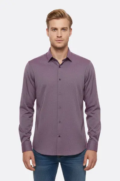 Koyu Bordo Kendinden Desenli Uzun Kol Slim Fit Gömlek - Wessi