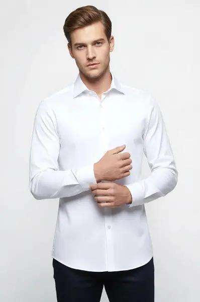 Pamuk Saten Slim Fit Beyaz Erkek Gömlek - Wessi