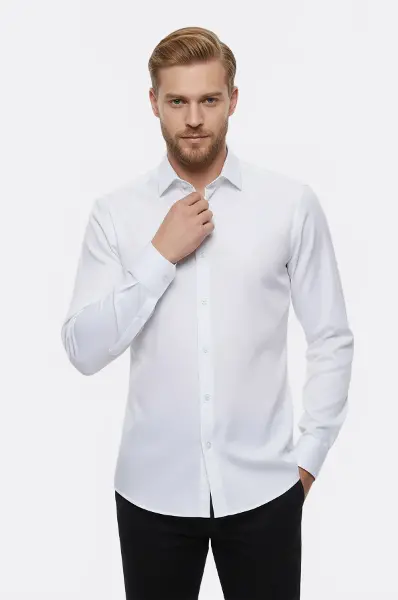 Beyaz Kendinden Desenli Uzun Kol Slim Fit Gömlek - Wessi