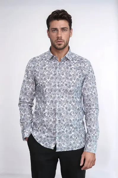 Çiçek Desenli Gri Slim Fit Gömlek - Wessi