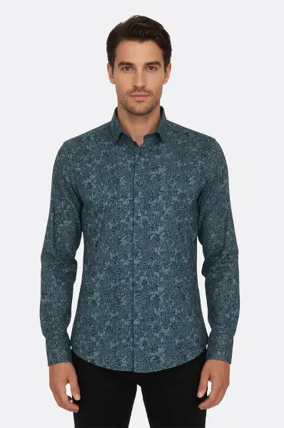 Çiçek Desenli Yeşil Slim Fit Gömlek - Wessi