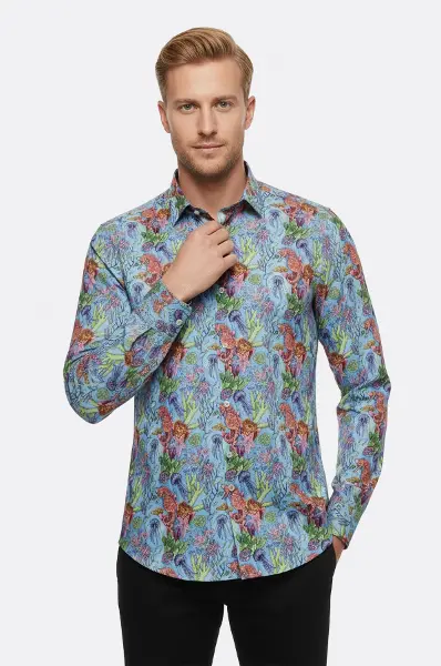 Kırmızı Çiçek Desenli Slim Fit Uzun Kollu Lacivert Erkek Gömlek - Wessi