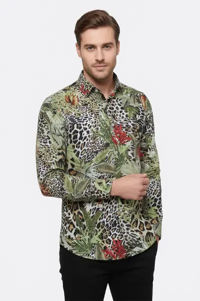Kaplan Desenli Slim Fit Uzun Kollu Renkli Erkek Gömlek - Wessi