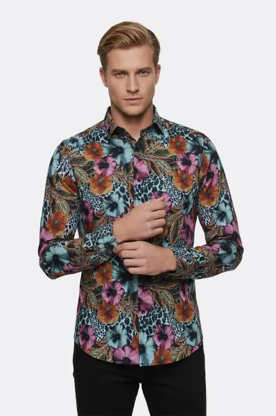 Büyük Çiçek Desenli Slim Fit Uzun Kollu Renkli Erkek Gömlek - Wessi