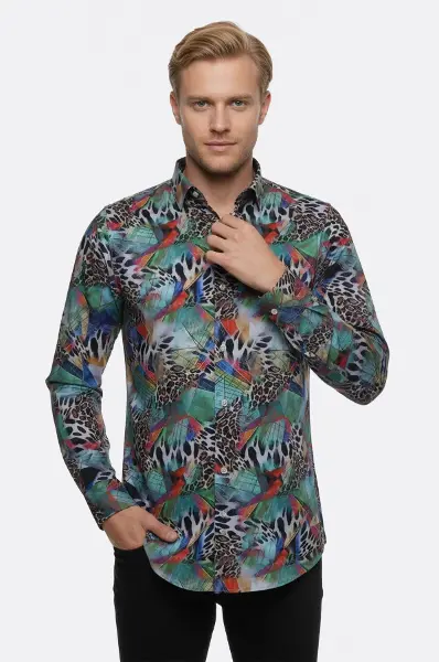 Leopar Desenli Slim Fit Uzun Kollu Çok Renkli Erkek Gömlek - Wessi