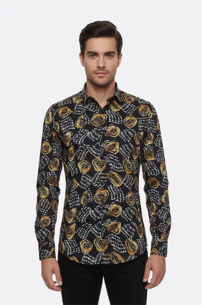 Çiçek Desenli Slim Fit Uzun Kollu Siyah Erkek Gömlek - Wessi