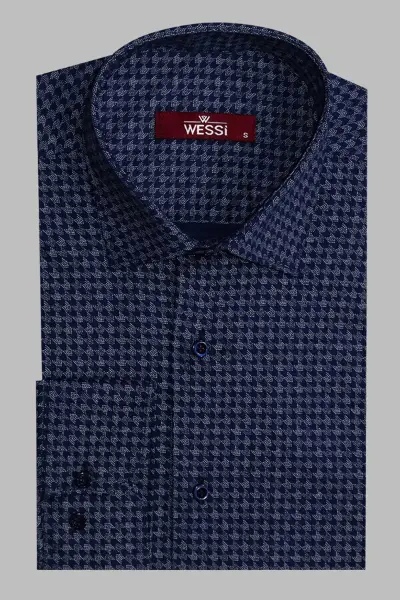 Damask Desenli Slim Fit Uzun Kollu Mavi Erkek Gömlek - Wessi