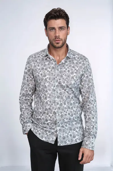 Çiçek Desenli Slim Fit Koyu Gri Erkek Gömlek - Wessi