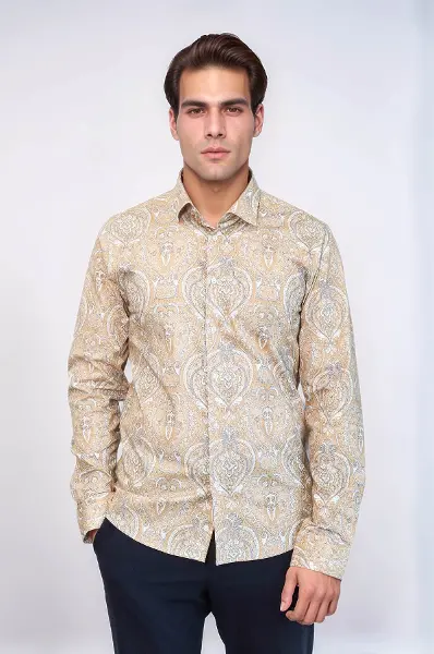 Bej Desenli Slim Fit Gömlek - Wessi