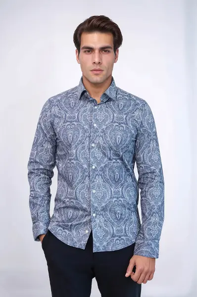 Açık Mavi Desenli Slim Fit Gömlek - Wessi