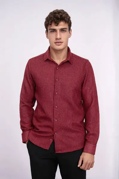 Desensiz Slim Fit Bordo Erkek Oduncu Gömlek - Wessi