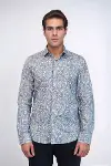 Damask Desenli Mavi Slim Fit Gömlek - Wessi-5