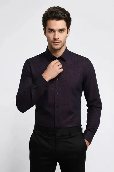 Kaz Ayağı Desenli Slim Fit Bordo Erkek Gömlek - Wessi