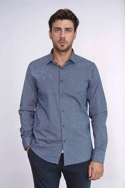 Mini Kare Desenli Slim Fit Mavi Erkek Gömlek - Wessi