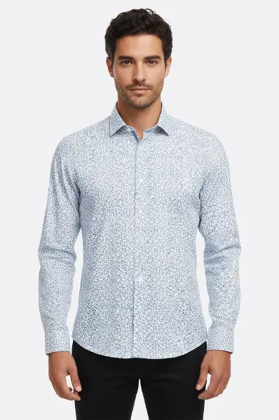 Beyaz Üzerine Mavi Çiçek Desenli Slim Fit Gömlek - Wessi