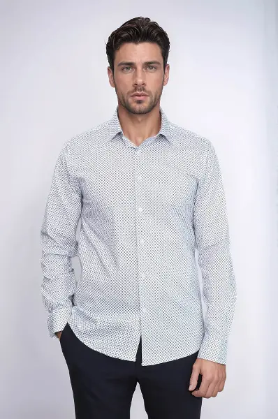 Beyaz Mini Kare Desenli Slim Fit Gömlek - Wessi