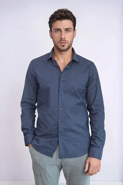 Koyu Lacivert Mini Kare Desenli Slim Fit Gömlek - Wessi
