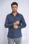 Koyu Lacivert Mini Kare Desenli Slim Fit Gömlek - Wessi-5