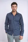 Koyu Lacivert Mini Kare Desenli Slim Fit Gömlek - Wessi-1