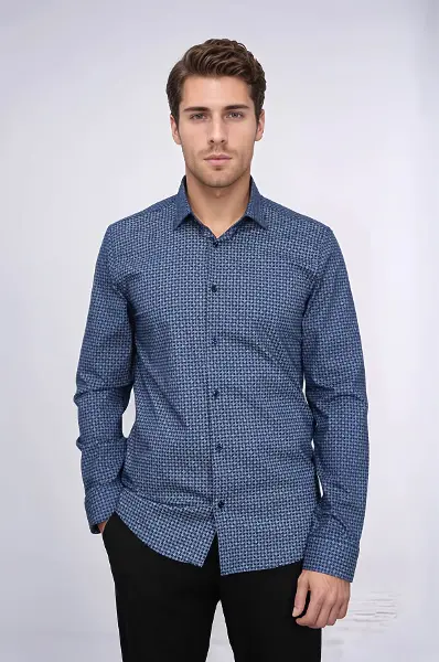 Kaz Ayağı Desenli Slim Fit Lacivert Erkek Gömlek - Wessi