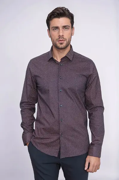 Kahverengi Mini Kare Desenli Slim Fit Gömlek - Wessi