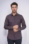 Kahverengi Mini Kare Desenli Slim Fit Gömlek - Wessi-5