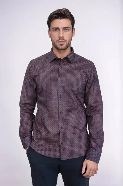 Kaz Ayağı Desenli Slim Fit Kahverengi Erkek Gömlek - Wessi