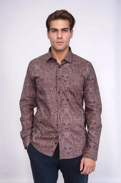 Kahverengi Desenli Slim Fit Gömlek - Wessi
