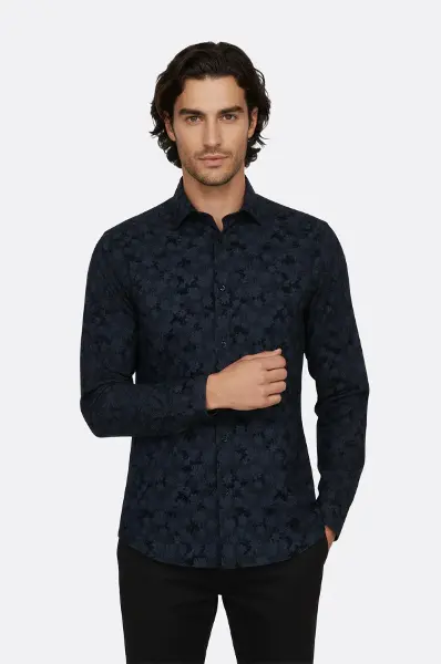 Çiçek Desenli Koyu Mavi Slim Fit Gömlek - Wessi
