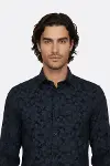 Çiçek Desenli Koyu Mavi Slim Fit Gömlek - Wessi-2