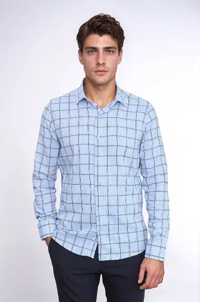 Mavi Kareli Slim-Fit Gömlek - Wessi