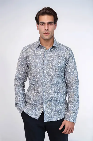Damask Desenli Mavi Slim Fit Gömlek - Wessi