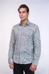 Damask Desenli Mavi Slim Fit Gömlek - Wessi-4
