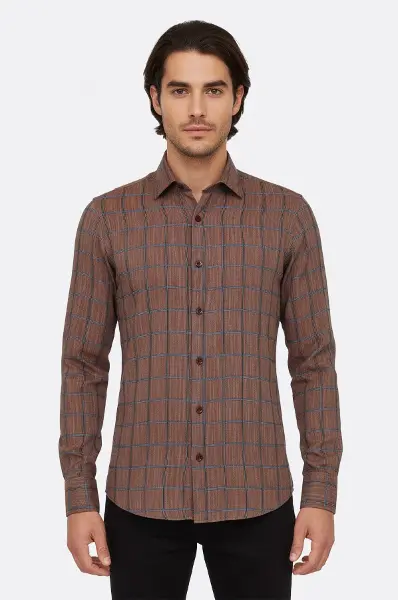 Kahverengi Kareli Slim-Fit Gömlek - Wessi