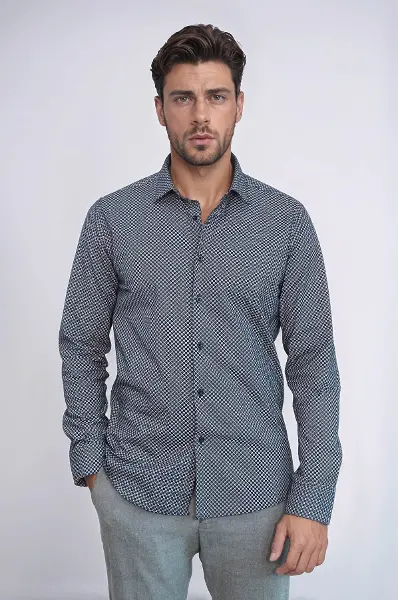 Lacivert Mini Kare Desenli Slim Fit Gömlek - Wessi