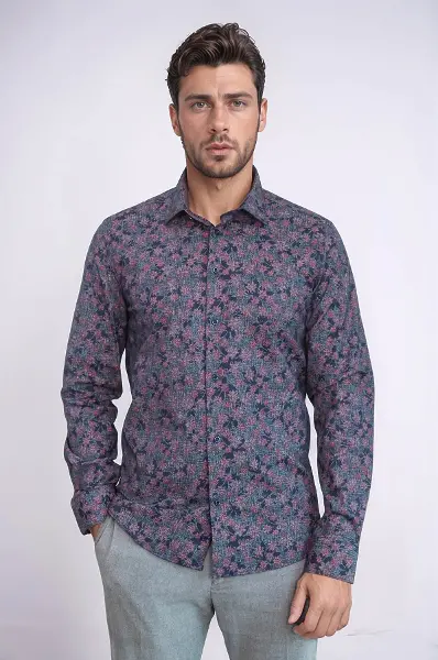 Çiçek Desenli Slim Fit Lacivert Erkek Gömlek - Wessi