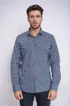 Mini Kare Desenli Slim Fit Mavi Erkek Gömlek - Wessi-3