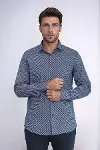 Mini Kare Desenli Slim Fit Mavi Erkek Gömlek - Wessi-5