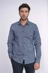 Mini Kare Desenli Slim Fit Mavi Erkek Gömlek - Wessi-1