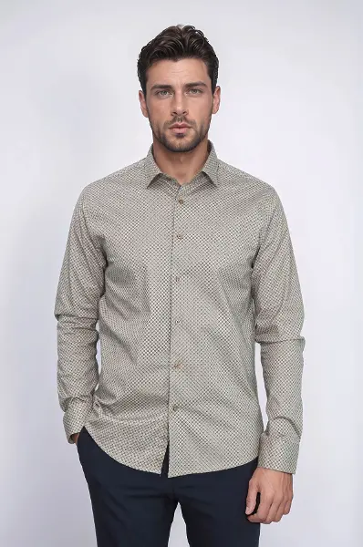 Mini Kare Desenli Slim Fit Açık Kahve Erkek Gömlek - Wessi