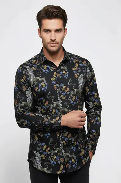 Desenli Siyah Slim Fit Erkek Gömlek - Wessi