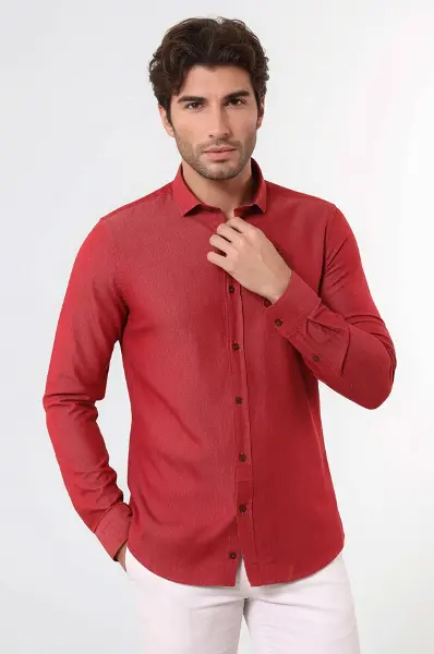 Desenli Pamuklu Slim Fit Bordo Gömlek - Wessi