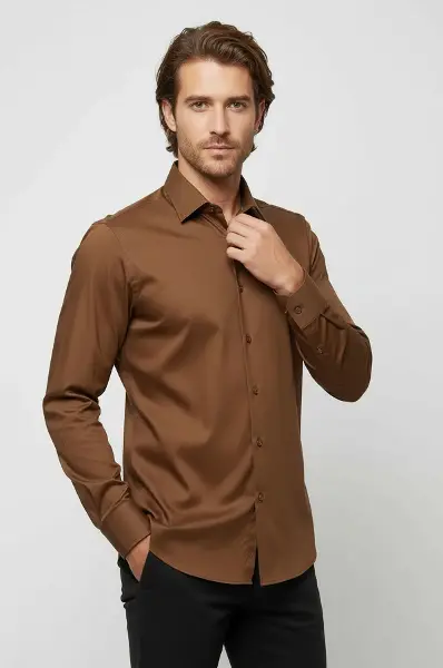 Pamuk Saten Slim Fit Taba Erkek Gömlek - Wessi