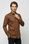Pamuk Saten Slim Fit Taba Erkek Gömlek - Wessi-1