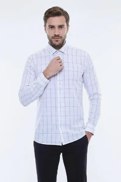 Beyaz Slim Fit Kareli Erkek Gömlek - Wessi