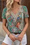 Kadın Kısa Kollu V Yakalı Desenli Süprem Bluz-1