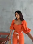 KETEN CROP KARPUZ KOL BLUZ-PANTOLON HASIR KEMERLİ - Orange-2