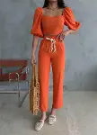 KETEN CROP KARPUZ KOL BLUZ-PANTOLON HASIR KEMERLİ - Orange-3